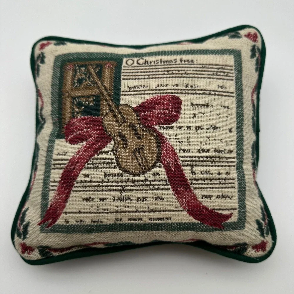 Vintage Tapestry Throw Pillow O Christmas Tree Music Violin Holiday 8